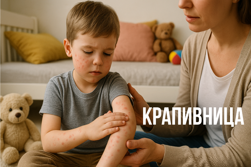 Ребёнок с крапивницей и волдырями на коже в домашней обстановке. Симптомы крапивницы у детей. Клиника Нефертити, Хабаровск.
