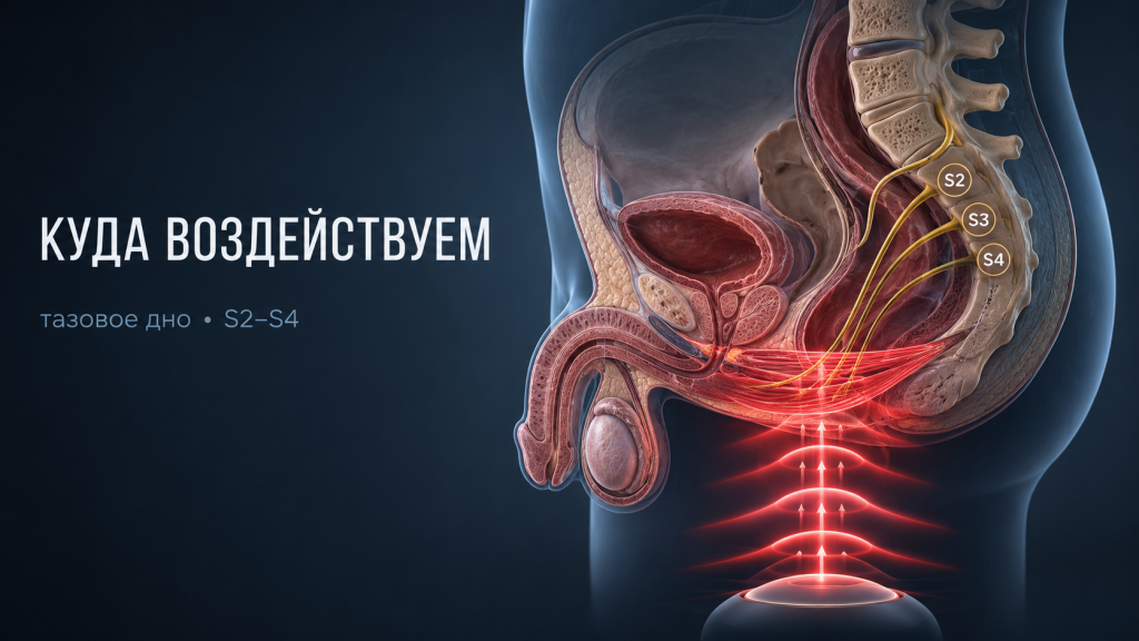 Принцип действия магнитной стимуляции на мышцы тазового дна при простатите и СХТБ