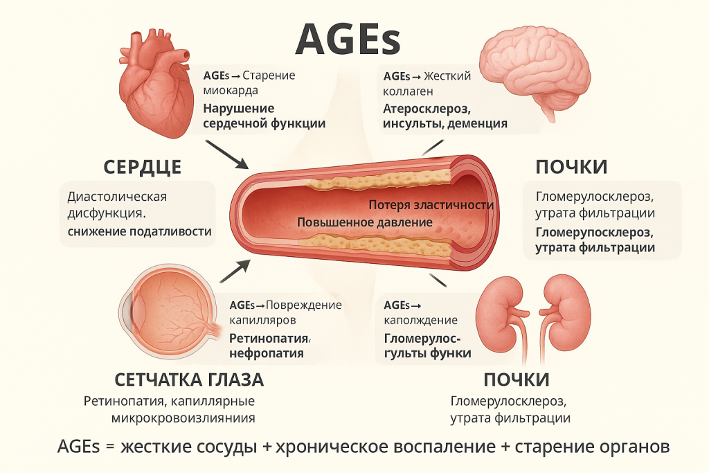 AGEs повреждают сосуды, сердце, почки, мозг и сетчатку. Клиника «Нефертити», Хабаровск.