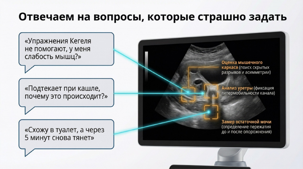 УЗИ тазового дна — точная диагностика недержания мочи у женщин в клинике Нефертити