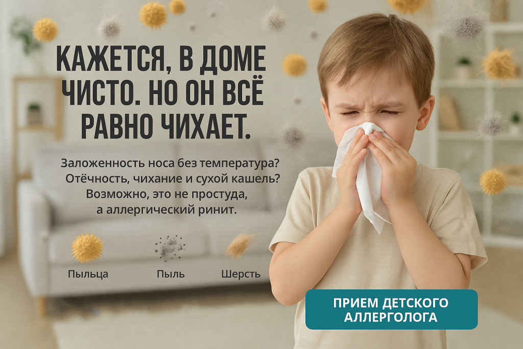 Ребёнок чихает, даже если дома чисто? Это может быть аллергический ринит. В клинике «Нефертити» (Хабаровск) детский аллерголог поможет выявить причину и подобрать лечение.