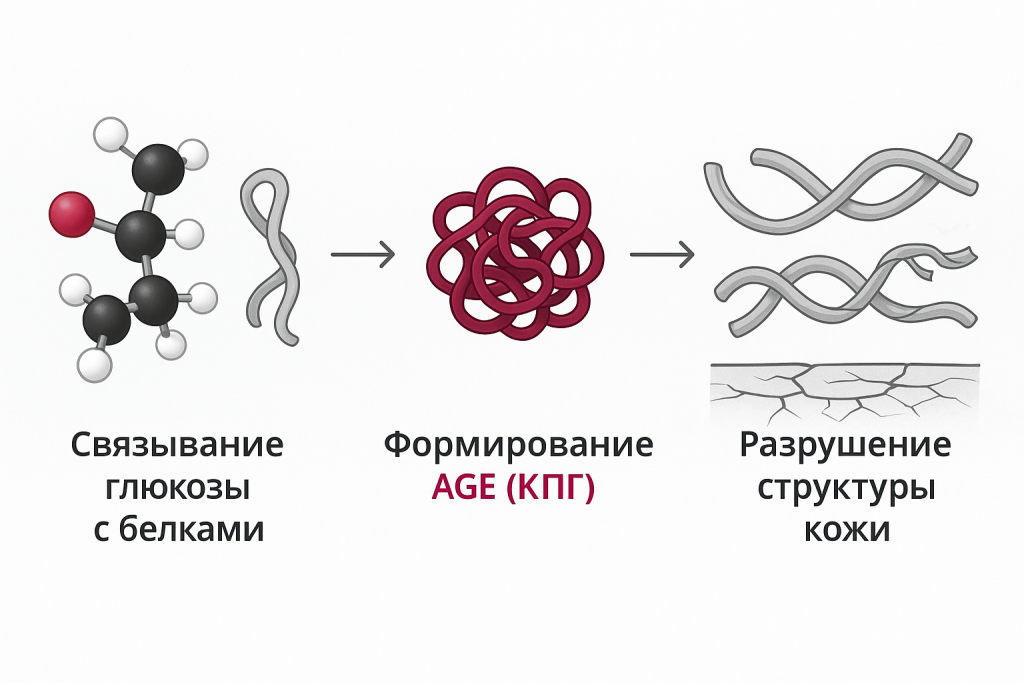 Гликация — процесс связывания сахара с белками кожи (AGEs), повреждающий коллаген и ускоряющий старение. Клиника «Нефертити», Хабаровск.