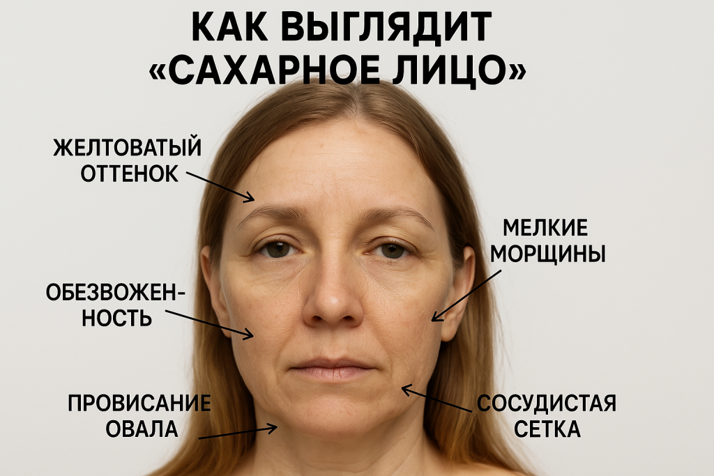 «Сахарное лицо»: морщины, желтоватый оттенок, сосудистая сетка и провисание овала — признаки гликации. Нефертити, Хабаровск.