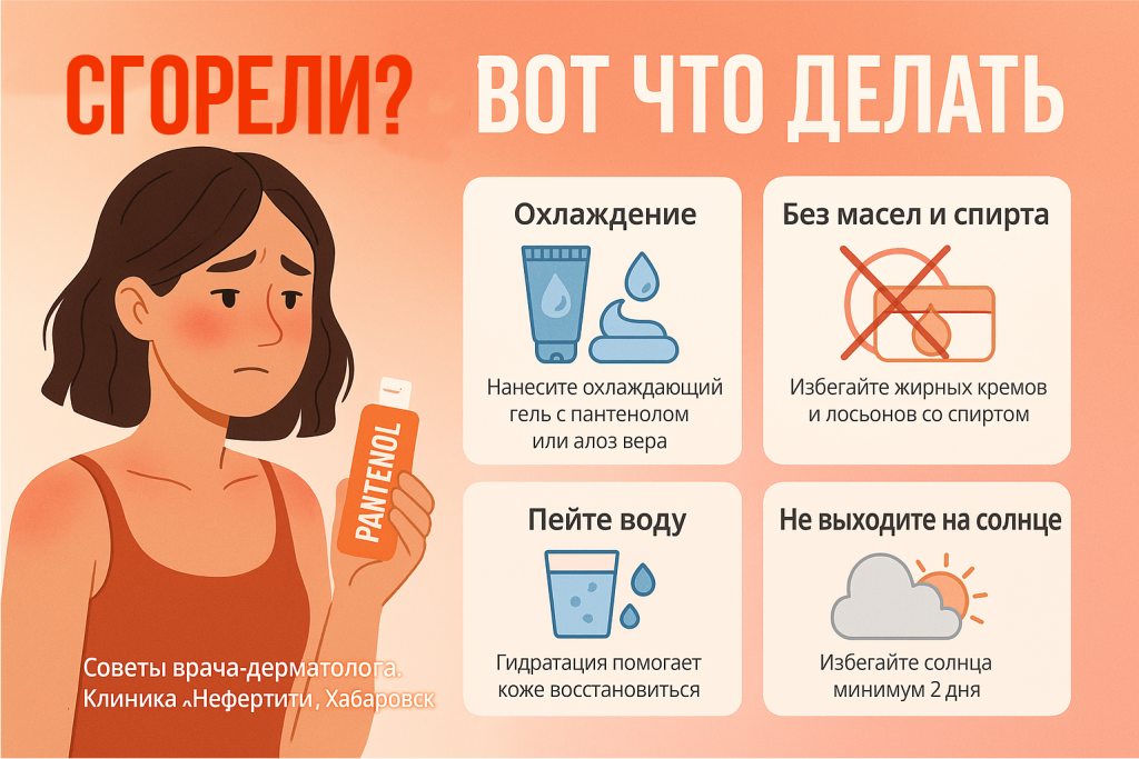 Обгорели на солнце? Врач-дерматолог клиники «Нефертити» (Хабаровск) рассказывает, что делать при солнечном ожоге: охлаждение, уход за кожей, защита от повторного воздействия.
